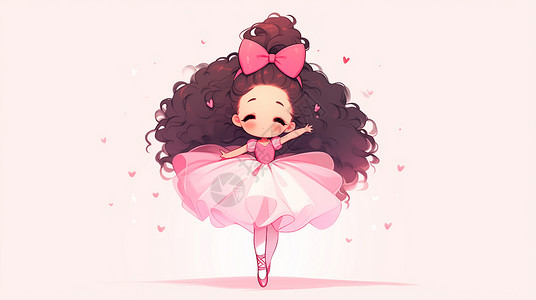 学字头戴着蝴蝶结穿着粉色蓬蓬裙学舞蹈的卡通小女孩插画