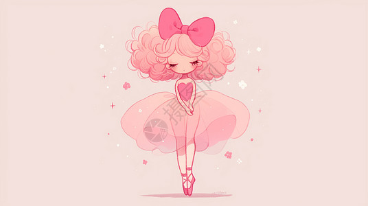 跳舞蹈小女孩头戴着粉色蝴蝶结穿着粉色蓬蓬裙学舞蹈的小女孩插画