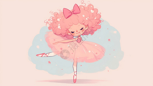 学考头戴着粉色蝴蝶结穿着粉色蓬蓬裙学舞蹈的卡通小女孩插画