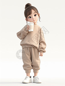 补水套装端着咖啡穿着暖色时尚套装的卡通女孩插画