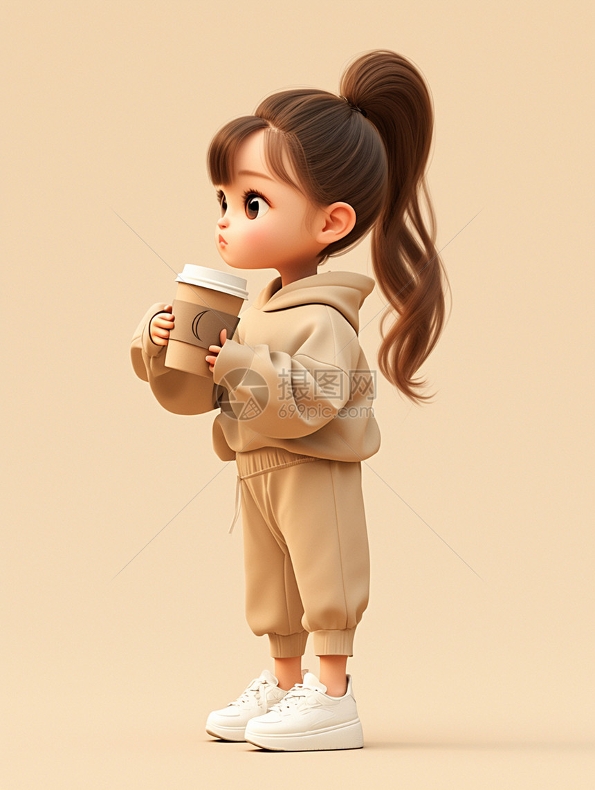 手端着咖啡穿着时尚套装的卡通女孩图片