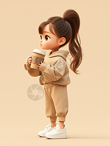 米色上衣手端着咖啡穿着时尚套装的卡通女孩插画