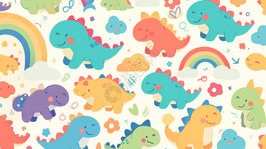 彩虹小云朵可爱的小恐龙背景插画