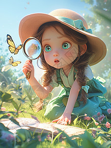 小女孩捉蝴蝶手拿着放大镜认真观察蝴蝶的可爱卡通小女孩插画