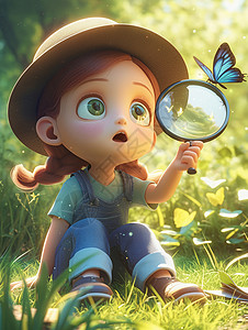 卡通立体艺术字手拿着放大镜认真观察蝴蝶的卡通小女孩插画