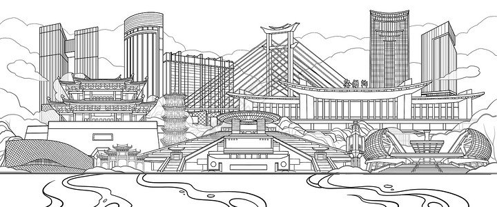 福建医科大学国潮风福建泉州地标古建筑现代大厦场景线稿插画插画