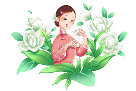 茶水煮饭茉莉花茶中国风茶文化品茗女性形象插画