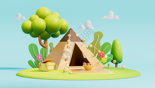 搭建帐篷3D卡通露营场景设计图片