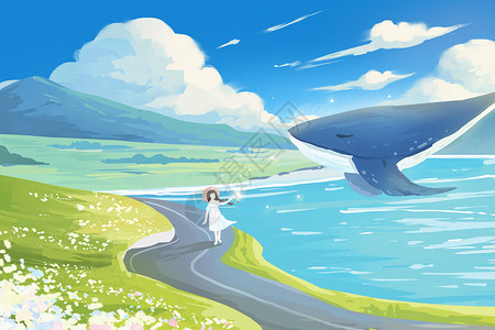 手绘夏天风景山河鲸鱼大场景插画背景图片
