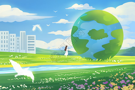 世界地球日背景世界地球日地球小清新草地与城市建筑插画插画