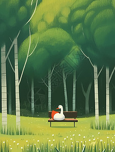 绿色森林中的长椅上可爱的卡通小鸭子背景图片