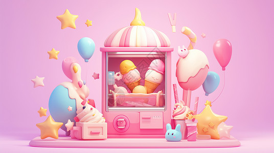 香草冰激凌粉色美味可爱的卡通冰激凌贩卖机插画