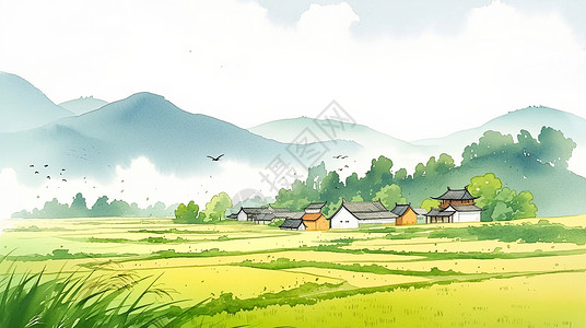 嫩绿色春天清晨野外唯美的卡通小村庄插画