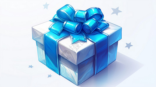 节日蓝色丝带可爱的卡通礼物盒系着蓝色丝带插画