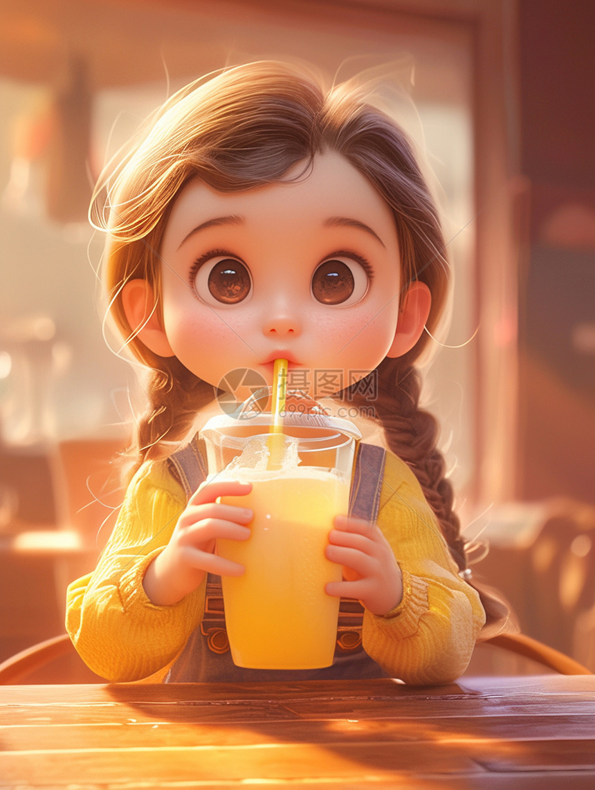 抱着一大桶饮料开心喝的可爱卡通小女孩图片
