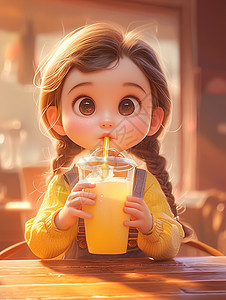 卡通拿着桶女孩抱着一大桶饮料开心喝的可爱卡通小女孩插画