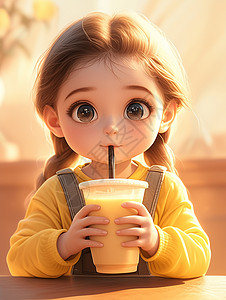 奶茶桶抱着一大桶饮料开心喝的卡通小女孩插画