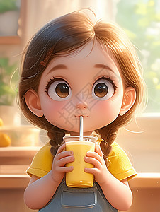 午后奶茶抱着一大桶饮料开心喝的可爱卡通女孩插画