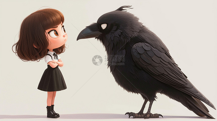 可爱的卡通小女孩与大大的乌鸦面对面图片