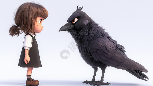 可爱的卡通小女孩与黑色的大乌鸦面对面高清图片