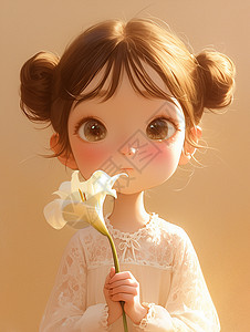百合花在一边在光下手拿着白色百合花穿着白色上衣的小清新卡通女孩插画