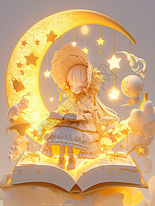 月亮上的小女孩夜晚坐在发光的月亮上认真看书的可爱卡通小女孩插画
