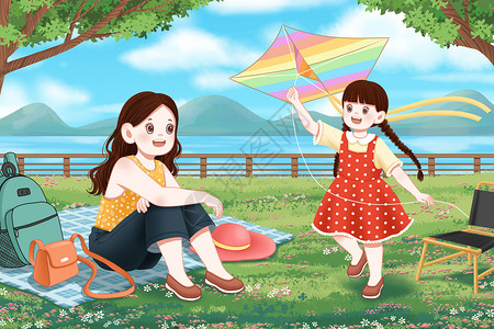 春游亲子露营放风筝的母女插画