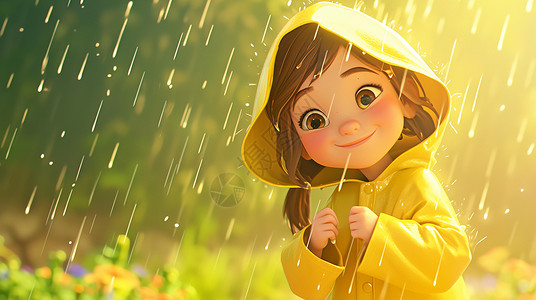 雨中穿着黄色雨衣开心笑的立体可爱小女孩背景图片