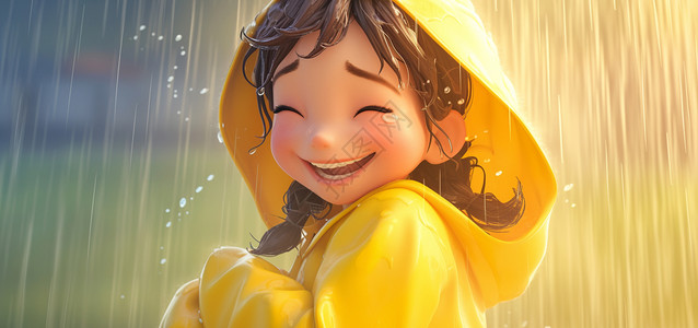 雨中穿着黄色雨衣开心笑的可爱卡通小女孩背景图片