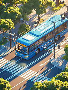 干净的城市干净整洁的城市街道上行驶着一辆蓝色公交车插画