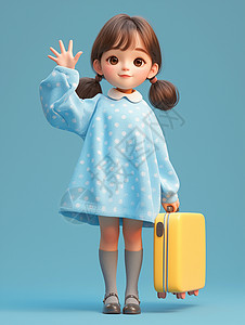 拎着轮滑鞋拎着黄色行李箱穿着蓝色连衣裙的小女孩在打招呼插画