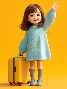 拎着黄色行李箱穿着蓝色连衣裙的卡通女孩在打招呼背景图片