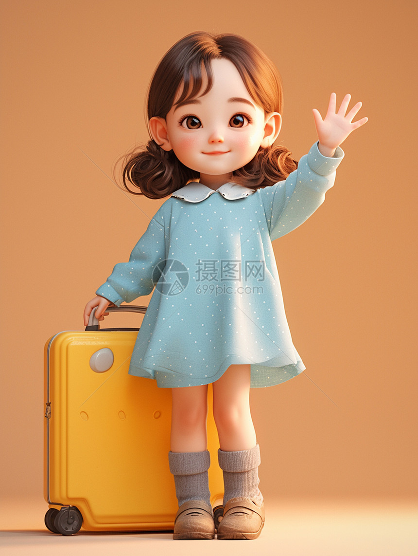 拎着行李箱穿着蓝色连衣裙的卡通小女孩在打招呼图片