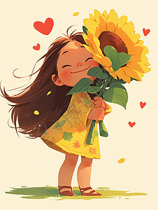 穿着连衣裙抱着向日葵的可爱卡通小女孩背景图片