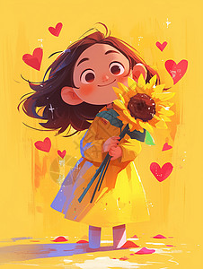 穿着连衣裙抱着向日葵的可爱小女孩背景图片