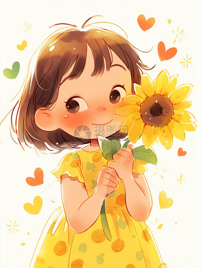 抱着向日葵的可爱卡通小女孩图片