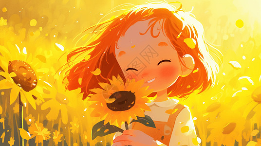在向日葵自拍的女孩插画在向日葵可爱的长发卡通小女孩插画