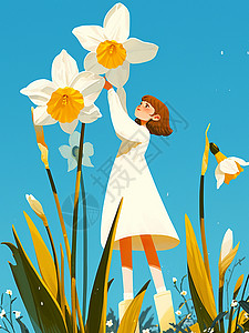 身穿白色连衣裙在花丛中的清新可爱卡通小女孩背景图片
