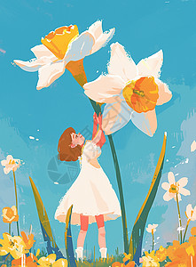 身穿白色连衣裙在花丛中的清新可爱卡通小女孩插画
