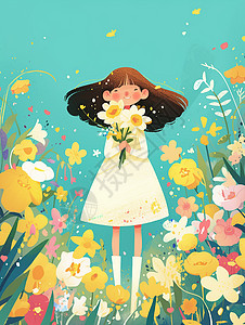 手捧着花朵在花园中开心笑的可爱卡通小女孩高清图片