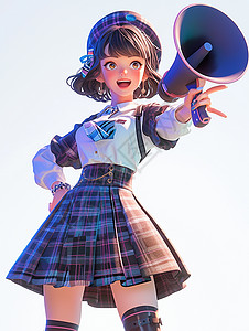 3D喇叭手拿着喇叭穿着格子半身裙的可爱卡通小女孩插画