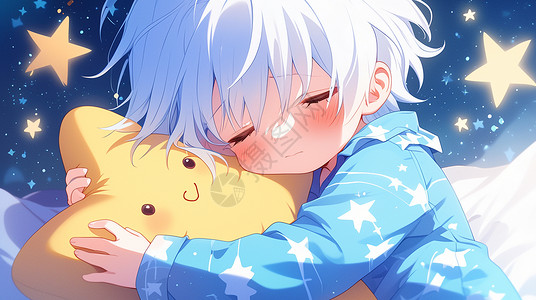 可爱卡通小男孩穿着星星睡衣安静睡觉插画
