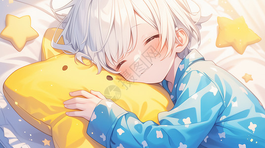 可爱卡通男孩穿着蓝色星星睡衣安静睡觉背景图片