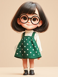 心型眼镜小女孩穿着绿色波点连衣裙乖巧卡通小女孩插画