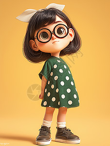 心型眼镜小女孩穿着绿色波点连衣裙乖巧卡通小女孩插画
