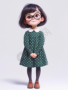 可爱短发女孩穿着波点连衣裙乖巧可爱的小女孩插画