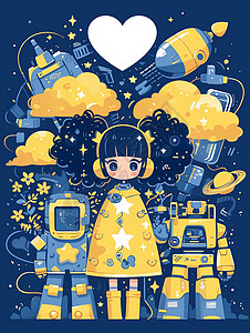 太空主题穿黄色连衣裙的可爱卡通小女孩主题插画插画