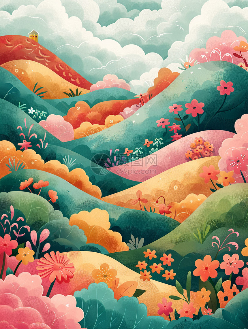美丽的彩色卡通山坡上盛开小花图片
