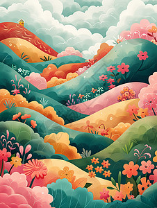 美丽的彩色卡通山坡上盛开小花背景图片