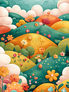 可爱卡通小花美丽的彩色卡通山坡上盛开着很多小花插画